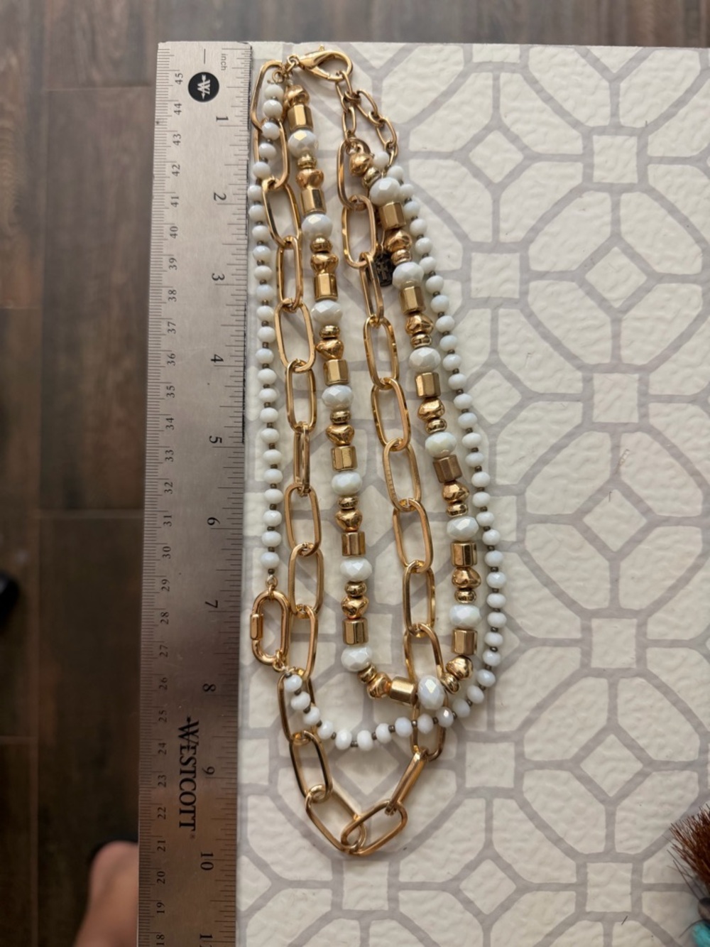 Gold and White Multi-Strand Beaded Chain Necklace